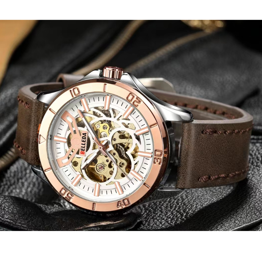 Jam Tangan Pria Belleda 9482 Otomatis Tali Kulit Original Casual Tahan Air 3 Atm