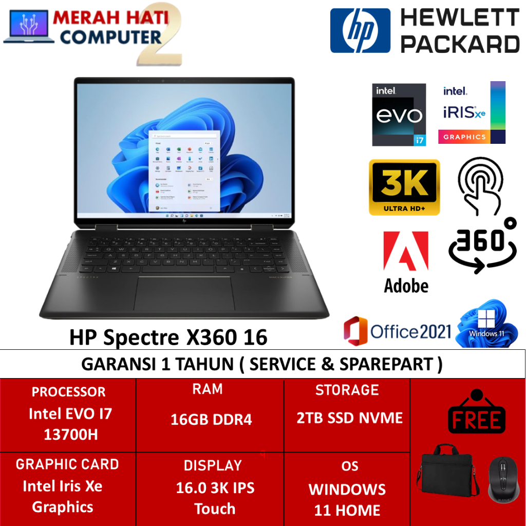 Laptop HP Spectre X360 16 Intel EVO I7 13700H 16GB 2TB 16.0 3K IPS Touch BL FP WIN11 Nightfall Black