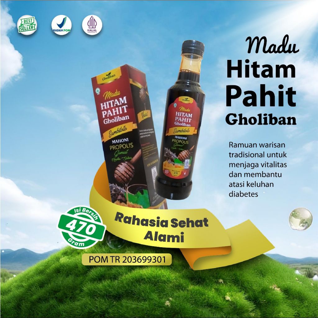 

Madu Hitam Pahit GHOLIBAN Plus Insuline Gamat Emas Extra Sambiloto 470g