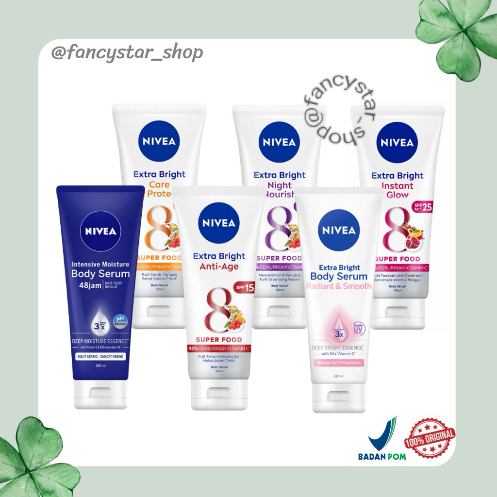 [BPOM] NIVEA Extra Bright Body Serum Radiant | Care Protect | Glow | Night Nourish (70ml/180ml)