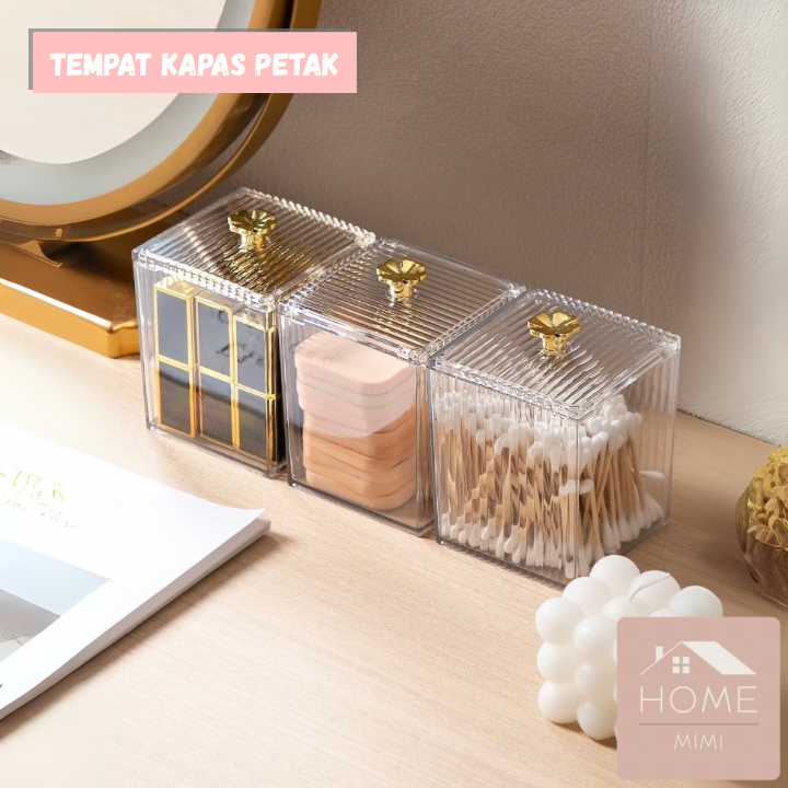 MIMI KOTAK KOSMETIK AESTHETIC/TEMPAT KAPAS PETAH AKRILIK AESTHETIC GOLD/RAK PERHIASAN DAN KAPAS