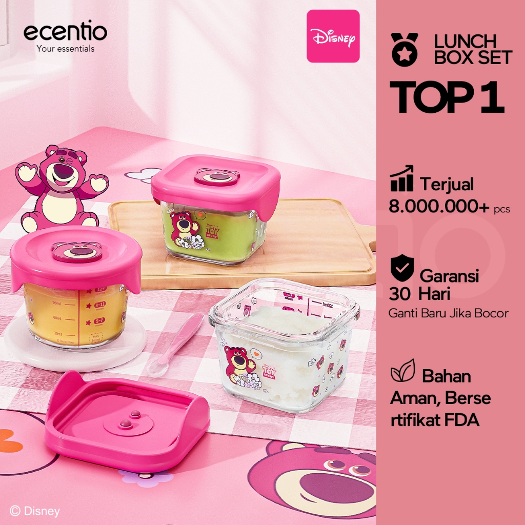 ecentio food container Kaca anak mpasi 3pcs set Disney lotso Mini Kotak Tempat Makan Glass free send