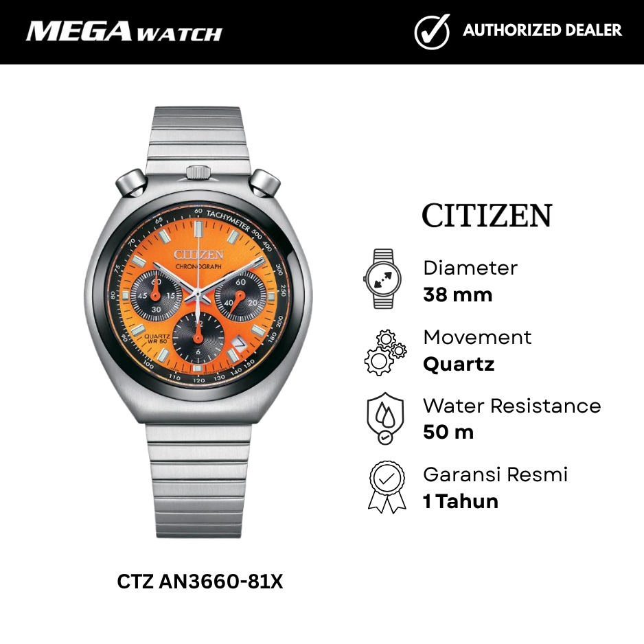 Jam Tangan CITIZEN Pria Original Bullhead Orange CTZ AN3660-81X Tsuno Chronograph