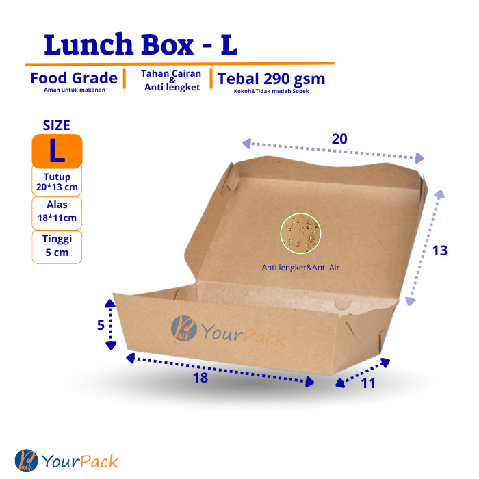Paper Lunch Box Kraft / Kotak Makan Kertas Coklat / Kotak Bungkus Nasi  Ukuran L Laminasi PE
