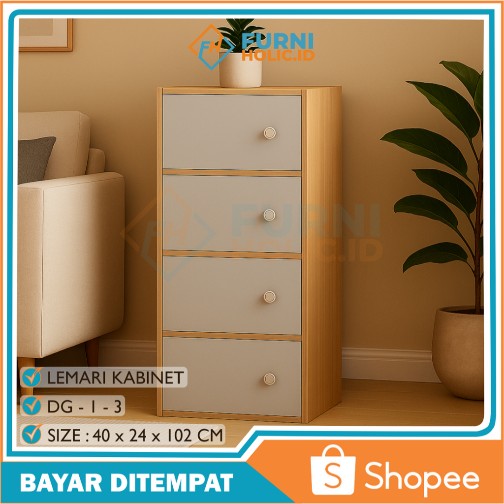 FURNIHOLIC Lemari Pakaian / Lemari Kayu / Lemari Buku / Lemari Kayu Minimalis / Lemari 4 Pintu