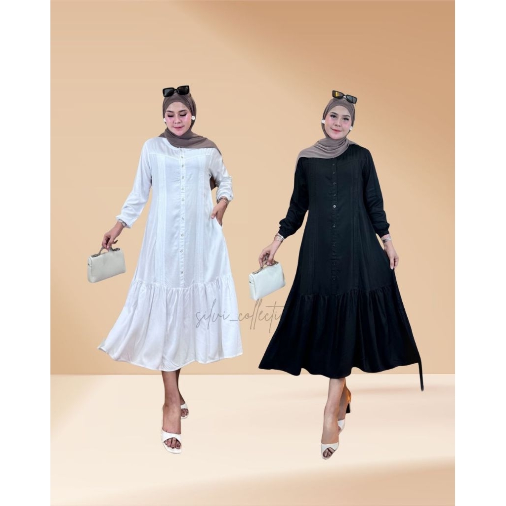 Midi Dress Wanita Hijab – Warna Hitam & Putih | Zie New Style – Dress Casual Elegan