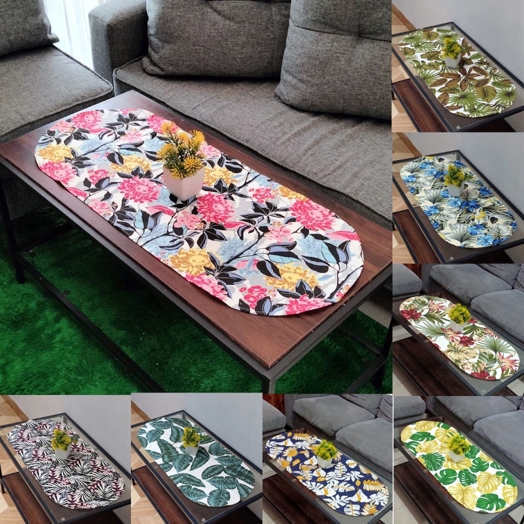 Taplak meja oval uk.50x100cm bahan kain kanvas aneka motif bunga daun tebal dan motif cantik