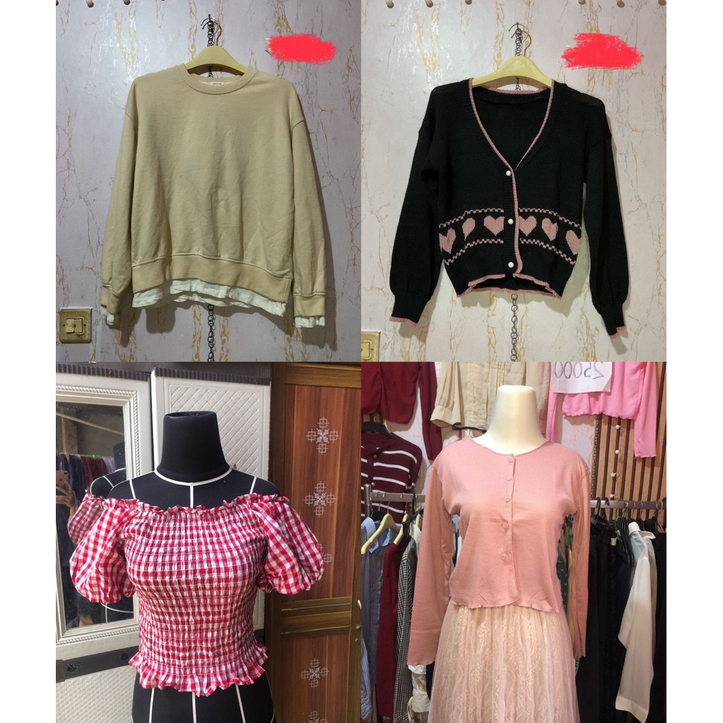 Atasan blouse 6k-20k preloved cardi rok midi crewneck cn sabrina lucu