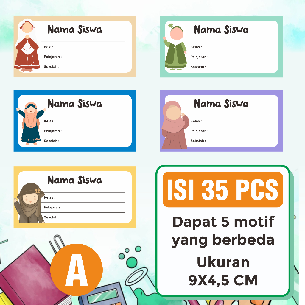 

35 Pcs Stiker Label Mapel Buku Sekolah Custom Nama Anak