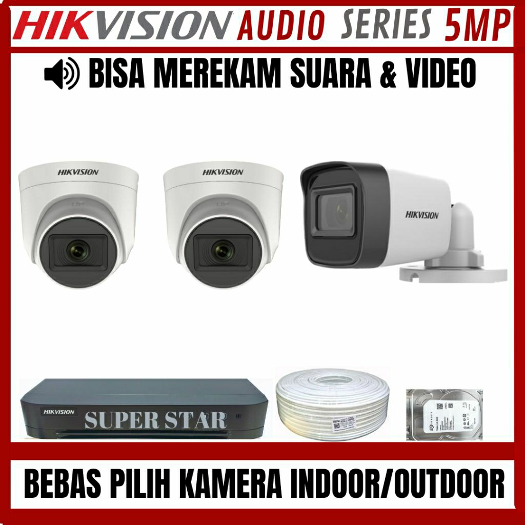 PAKET CCTV HIKVISION 5MP AUDIO 4 CHANNEL 3 KAMERA BISA MEREKAM SUARA DAN VIDEO