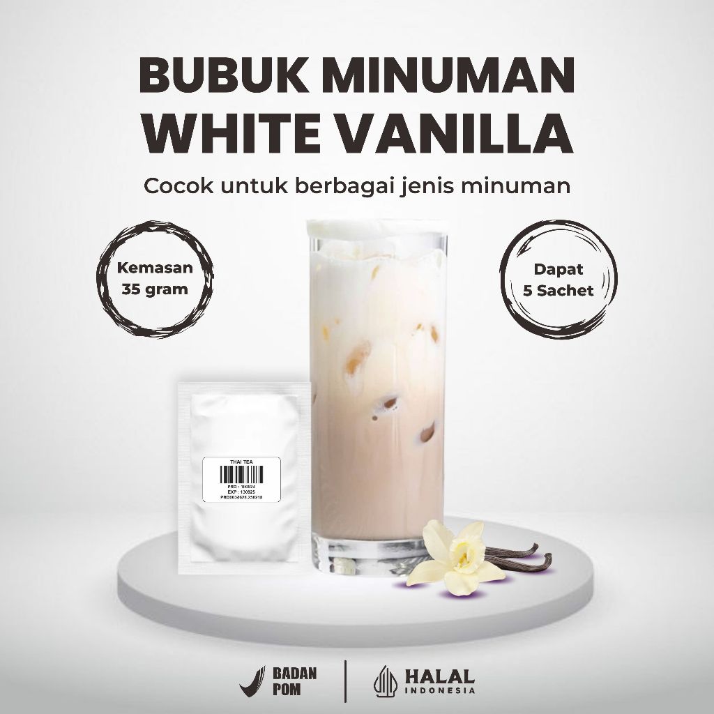 

Bubuk Minuman Rasa White Vanilla 700 Gram - Bubuk Minuman Premium Rasa Vanilla - Halal & BPOM