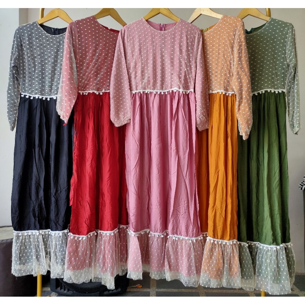 DRESS BAJU MUSLIM WANITA SIMPLE POLOS KATUN RAYON IMPORT TILE POLKADOT HARIAN CANTIK MURAH RPEMIUM