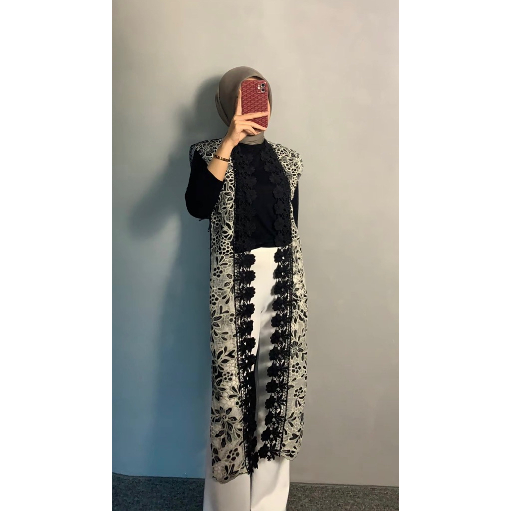 outer vest black renda organza bordir