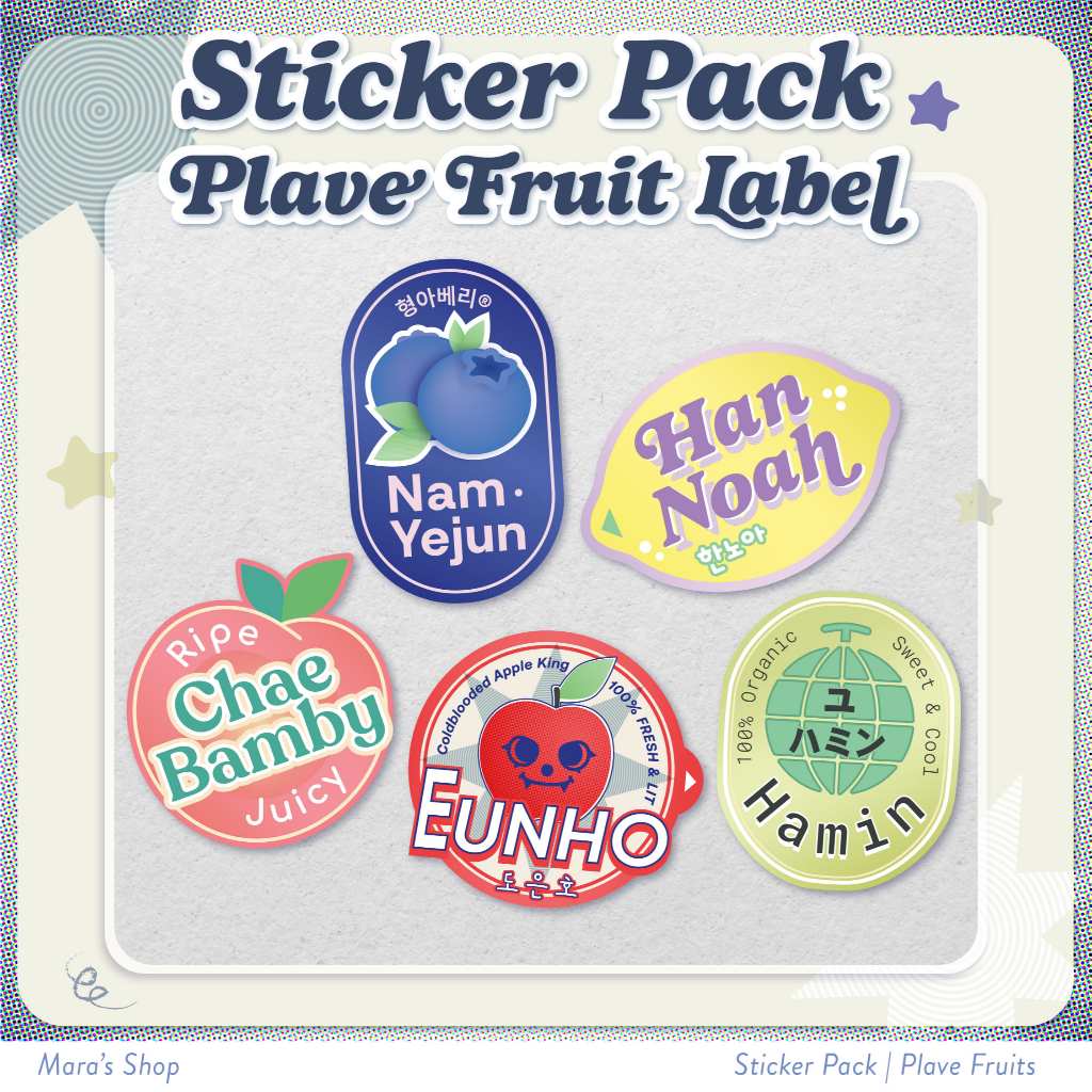 

Deco Sticker Pack PLAVE as Fruit Label | Stiker Dekorasi Fanmerch PLAVE buah-buahan 3cm Yejun Noah Bamby Eunho Hamin