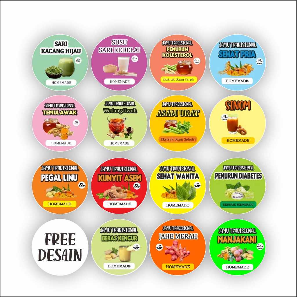

(isi 40 pcs) Stiker jamu bulat minuman jamu herbal sticker sari kedelai stiker sari kacang hijau sticker kunyit asem beras kencur