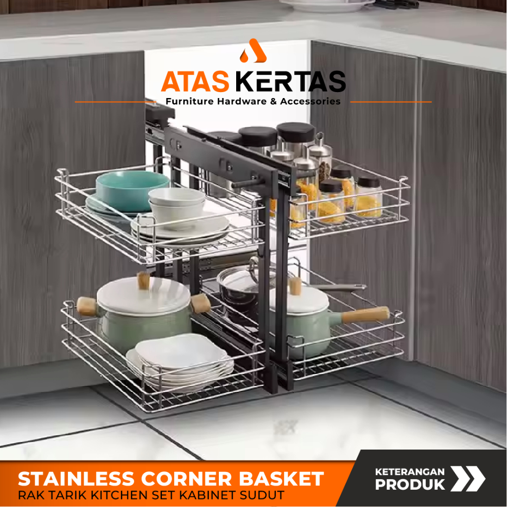 Pull Out Corner Basket - Rak Tarik sudut Kitchen Set Kabinet Bawah Dapur Stainless Tahan Karat