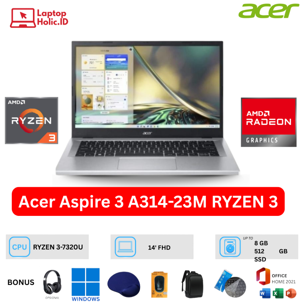 ACER ASPIRE 3 A314-23M AMD RYZEN 3-7320 RAM 8GB SSD 512GB 14" FULL HD W11 OFFICE 2021