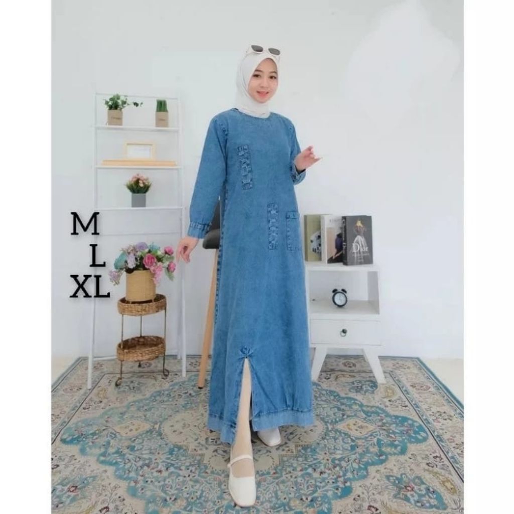 Gamis Jeans Terbaru  // Dress Maksi Kekinan // Gamis Wanita Busui // Gamis Denim Snow Blue