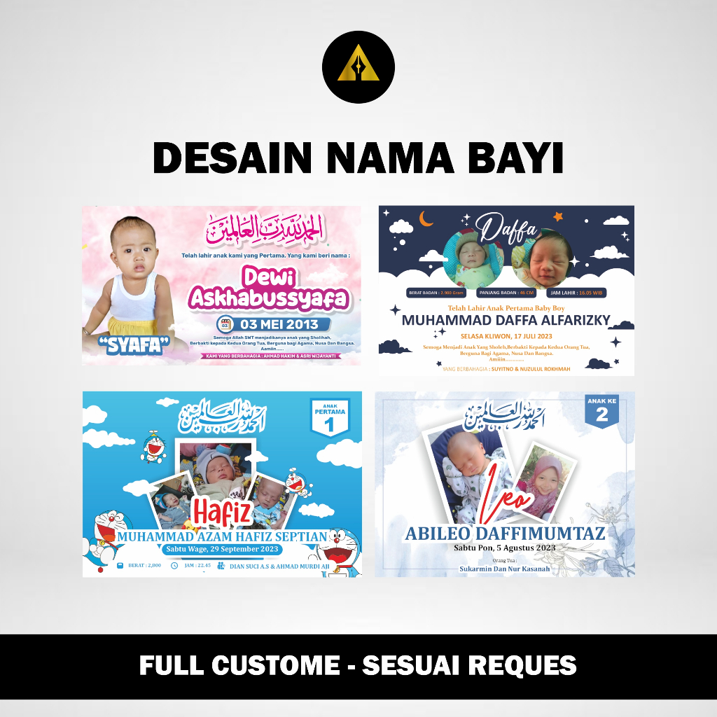 JASA DESAIN NAMA BAYI, KARTU AQIQOH, FIGURA BAYI, ULTAH BAYI. KARTU NASI ,DLL.