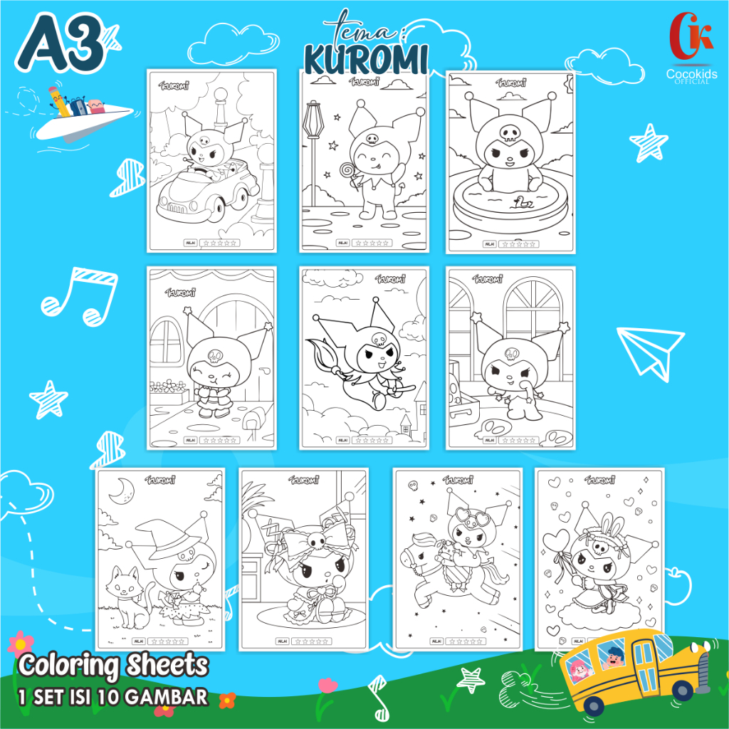 

(KUROMI 01) KERTAS MEWARNAI ANAK A3 - COLORING SHEETS SERIES 1 - LEMBAR MEWARNAI ANAK PAUD/TK/SD