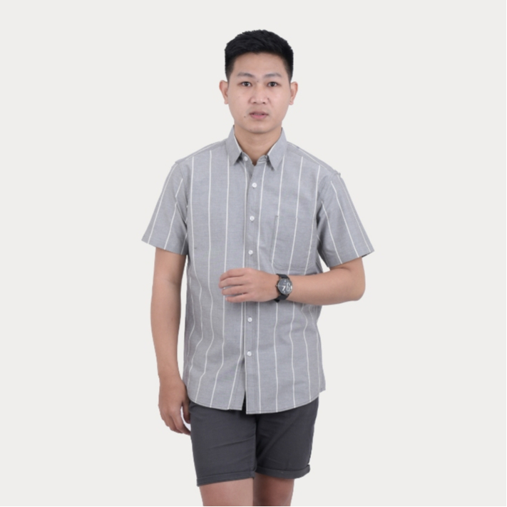 Tiagan99 Kemeja Salur Stripe Hem Pria Wanita Lengan Pendek Motif Garis Katun Abu Putih Garis Unisex