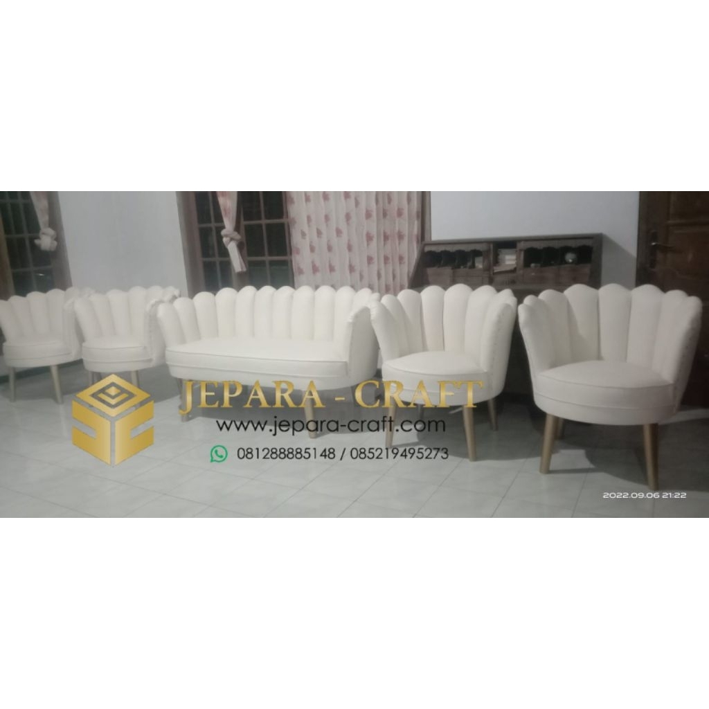 Satu Set Kursi Pelaminan Model Kerang Mewah (2+1+1+1+1) | Kursi Sofa Pengantin Elegan