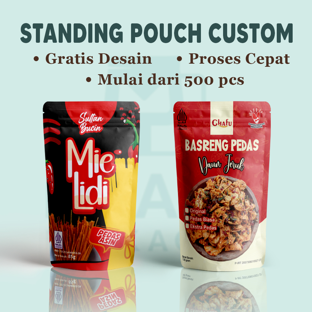 Standing Pouch Custom Logo – Cetak Kemasan Kopi, Snack, Makanan – 500 pcs - Gratis Desain