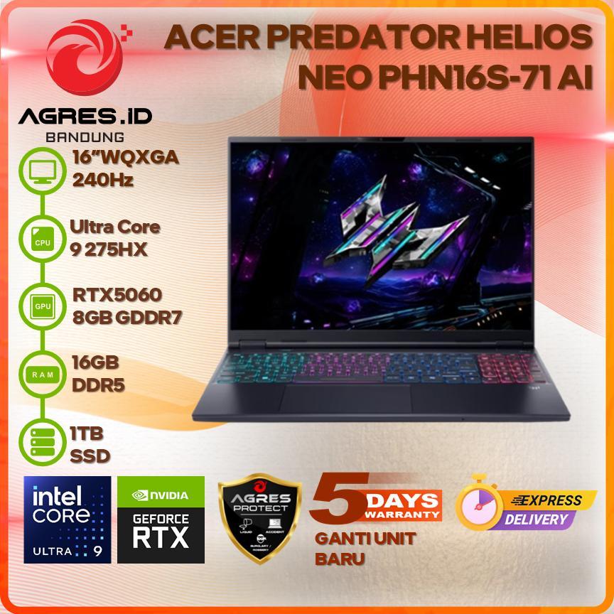 Acer Predator Helios Neo 16S AI PHN16S-71 Laptop 16" OLED 240Hz Core Ultra 9 275HX 64GB DDR5 RTX 5070 Ti Hitam