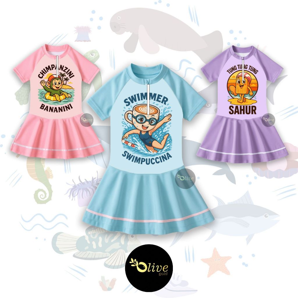 Olive Baju Renang Perempuan Tungtung Sahur Chimpanzini Bananini Ballerina Capuccina Taralelo Tralala