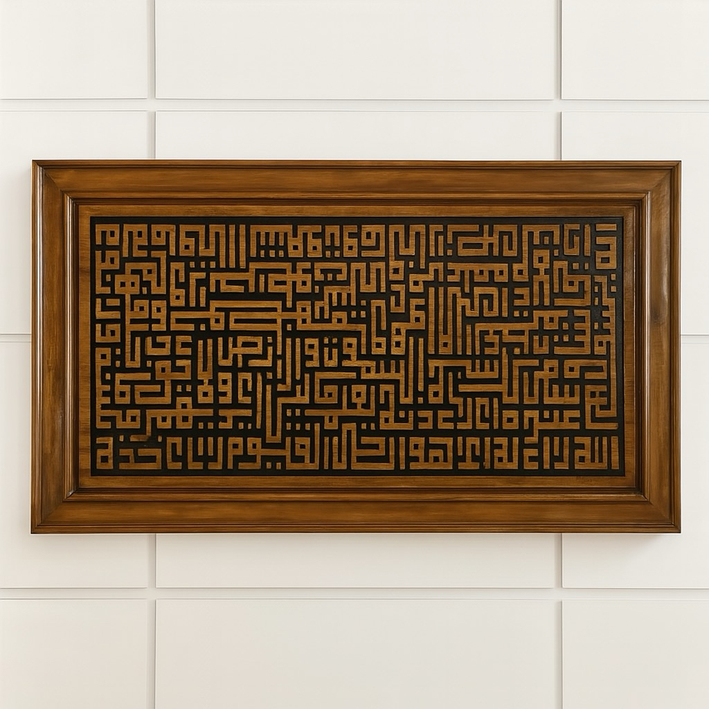 Kaligrafi Ayat kursi ukir jati Kufi 150x70