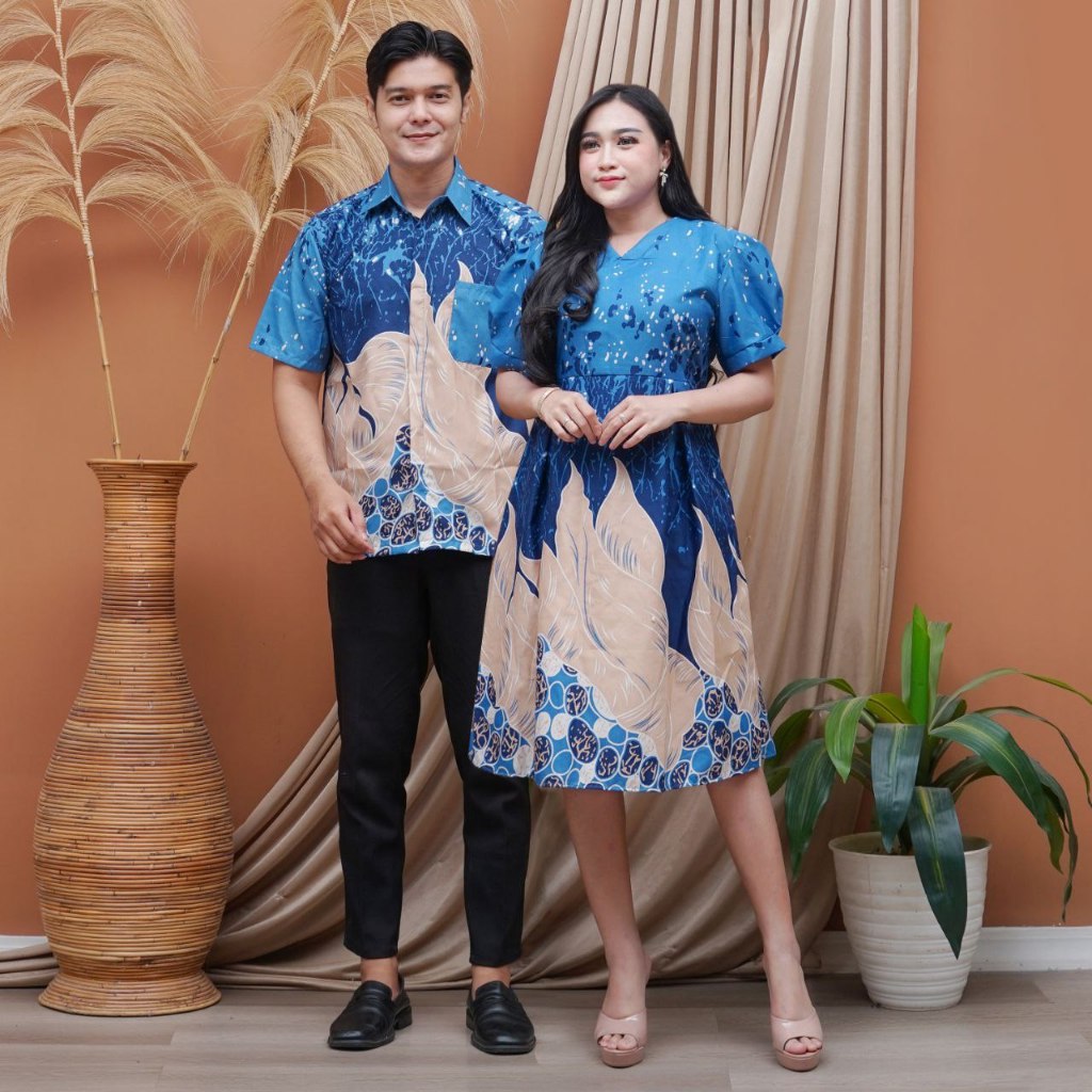 Lompong Biru Batik Premium Couple Kemeja dan Dres Batik Pekalongan