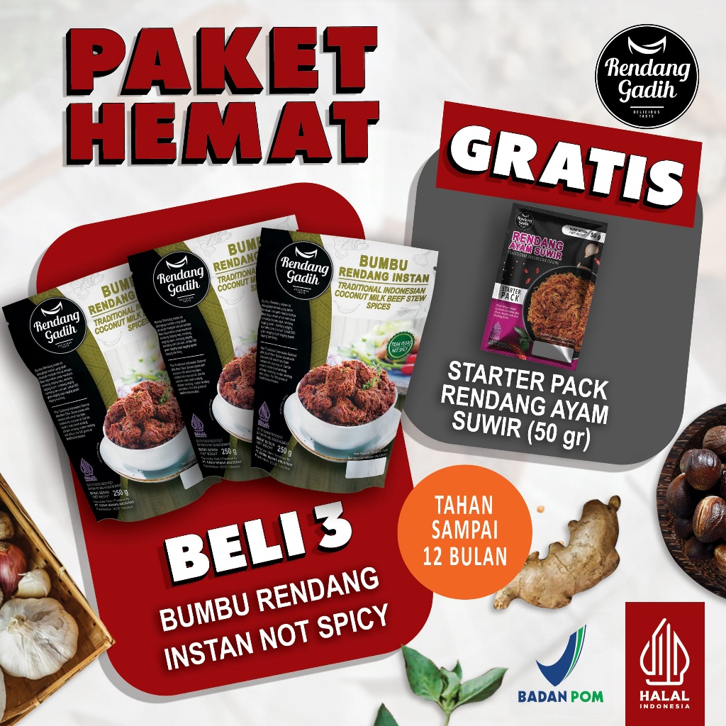 

Rendang Gadih - Paket 3 pcs Bumbu Rendang Instan Not Spicy (Tidak Pedas) @ 250 g