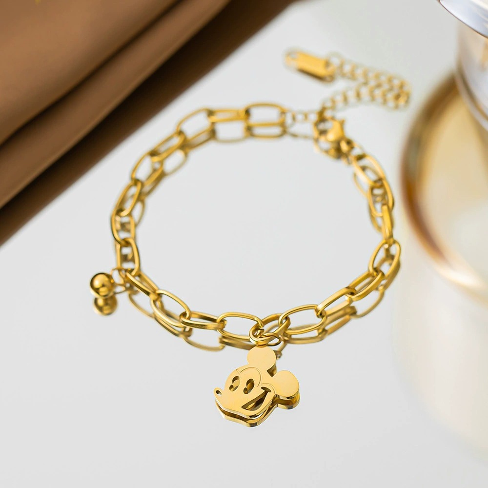 EJ-GS250 Gelang Tangan Titanium Premium Anak Remaja Rantai Paper Clip Karakter Mickey Mouse Gold Luc