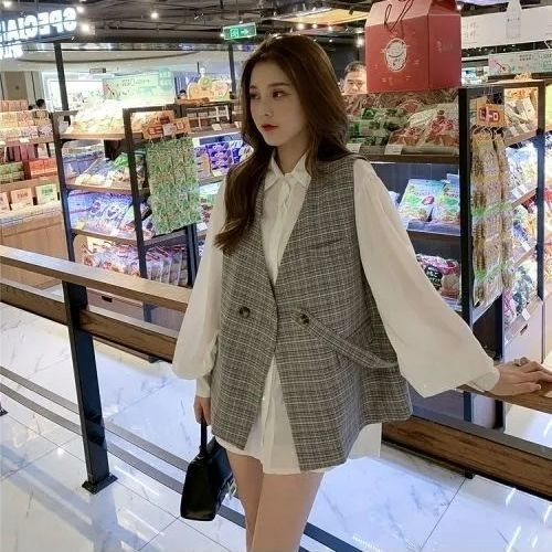 FANMU Baju Rompi Jas Kotak-kotak Baru Wanita Korea style