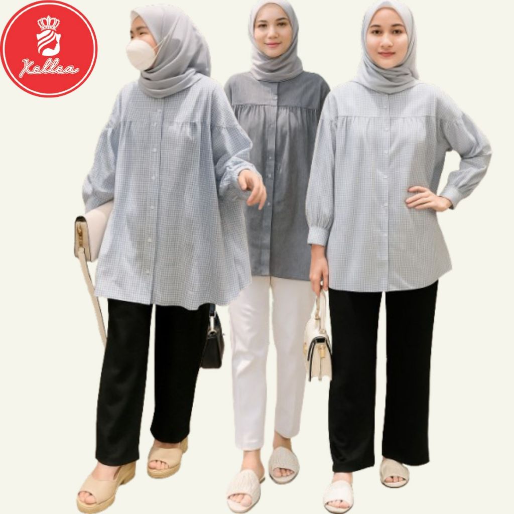 Blouse Wanita Motif Kotak Lengan Balon Baju Yumna Blouse Kancing Busui Friendly Nyaman -  XELLEA