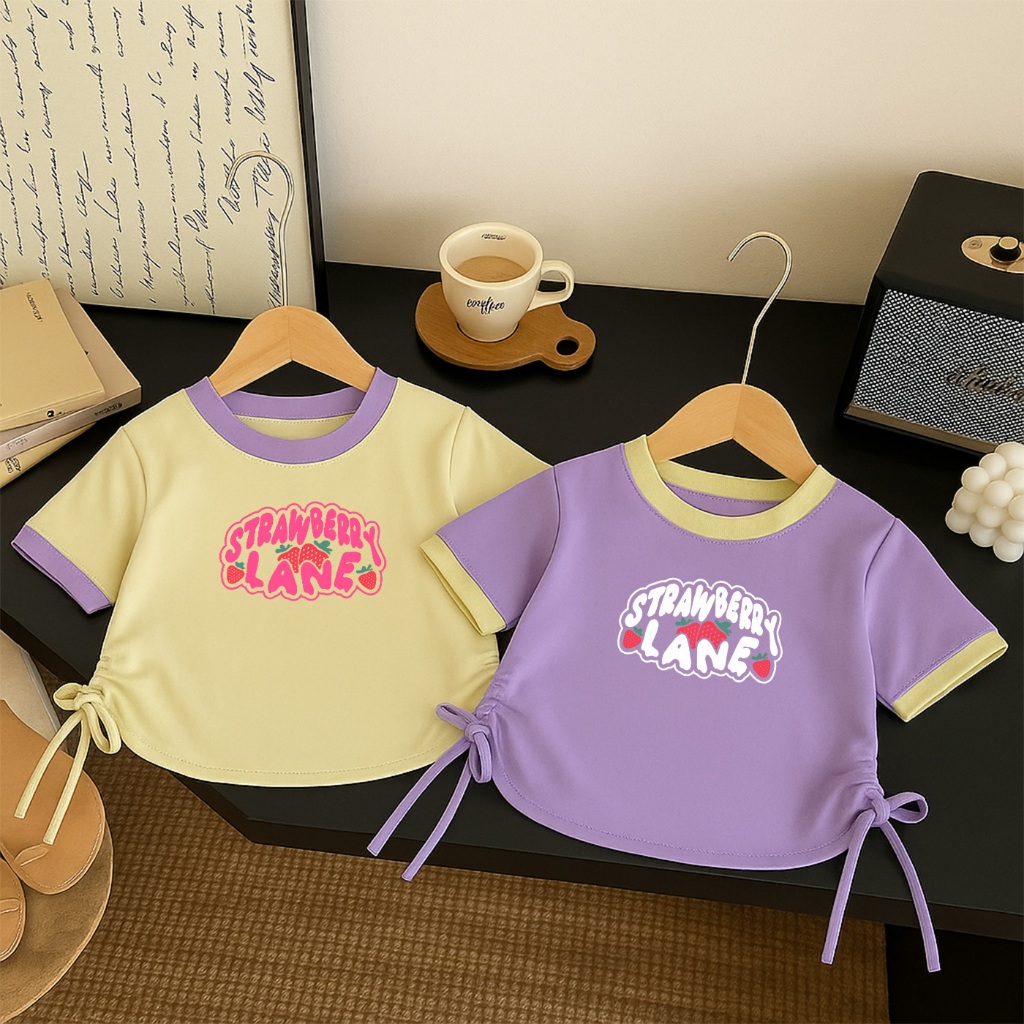 Kaos Anak Perempuan Lengan Pendek Atasan Baju Crop Anak Cewek Strawberry Lane Korean Look Usia 1 - 1