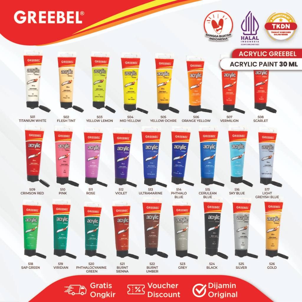 

GREEBEL Cat Lukis Akrilik / Cat Acrylic Colour Kanvas (CAT AKRILIK 30 ML / PCS) / Acrylic Paint Color / Cat Lukis Canvas / Cat Melukis