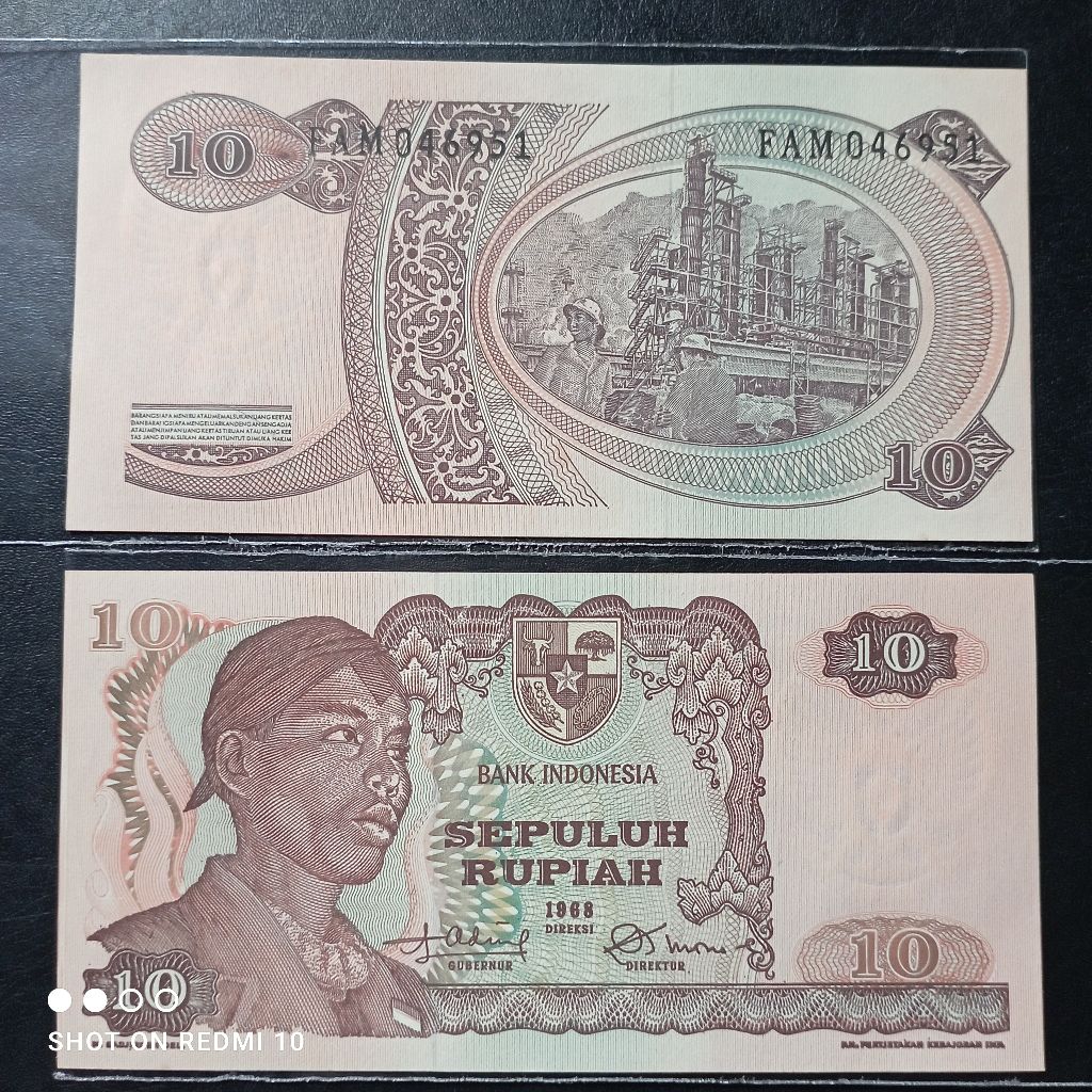 uang kertas 10 rupiah sudirman 1968 baru gres asli