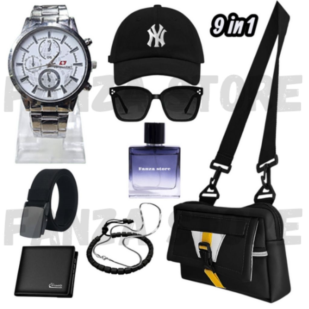 (Anak muda) 9in1 paket hemat murah jam pria stylish/ jam keren, tas selempang, Topi, Dompet.gelang.k