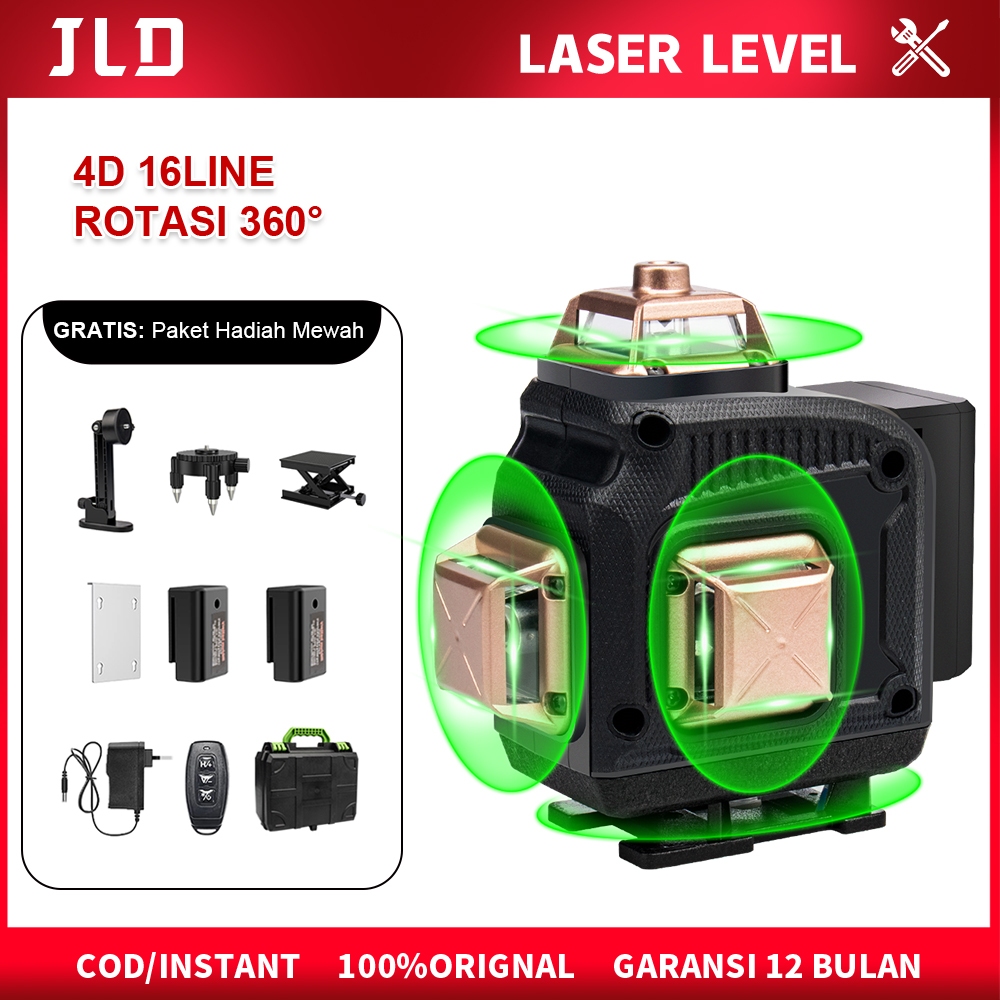 JLD Laser Level 4D Line Laser Level 16Line Adjustable 360 Rotary Cross Auto Measuring Sinar HijauDIY