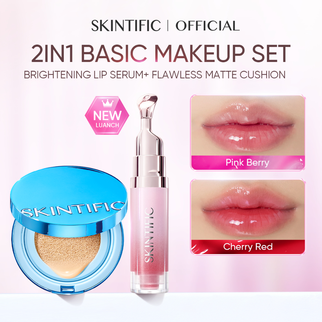 SKINTIFIC | 2PC Makeup Set - Perfect Matte Cushion foundation & Lip Serum Brightening Lip Treatment 