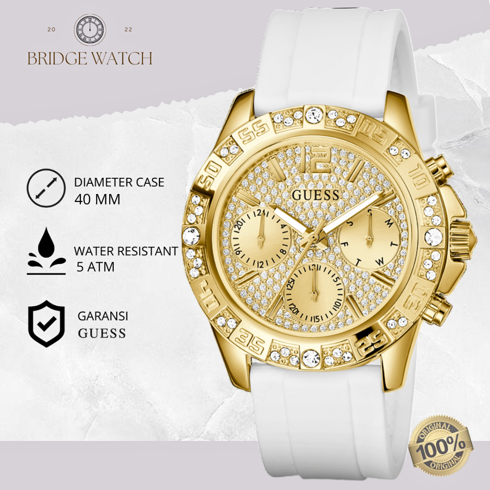 Jam Tangan Wanita Guess GW0772L3 Original Chronograph Gold Case White Rubber Strap Putih Diamond Mew