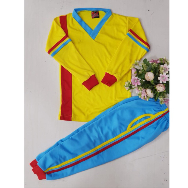 baju olah raga untuk anak tk dan paud warna biru aqua kuning kenari