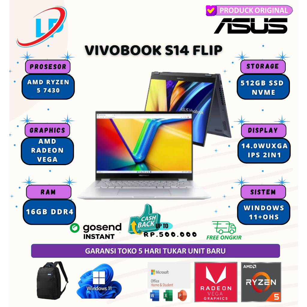 Asus vivobook S14 flip TN3402YA touch ryzen 5 7430 16gb 512gb w11+ohs 14.0 wuxga