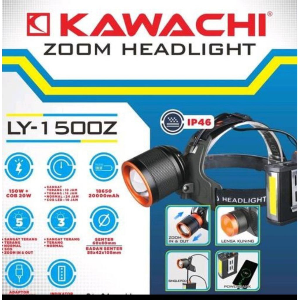 Kawachi senter kepala zoom LY-1500Z 150watt Cahaya Putih 20.000mAh Tahan 20 Jam (FREE LENSA KUNING) 