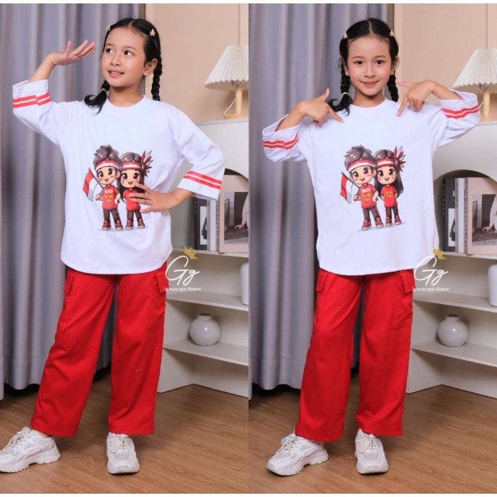 stelan Anak Motif Kartun Merah Putih | kaos kemerdekaan Indonesia/kaos baju merah putih anak cowok/c