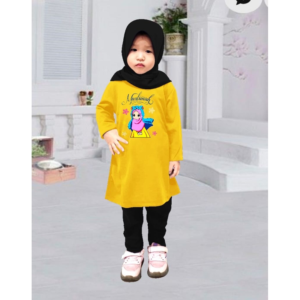 setelan tunik muslim anak/setelan baju pengajian/umur 4-13 tahun Free Kerudung
