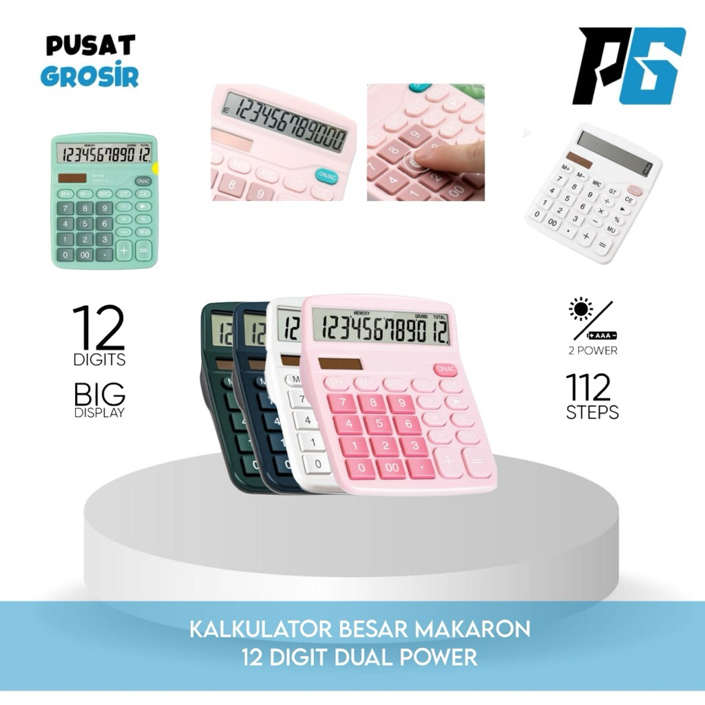 

( KM ) Calculator Macaron Layar Tenaga Surya Digital 2 Power Tanpa Baterai Kakulator Makaron Besar 12 Angka