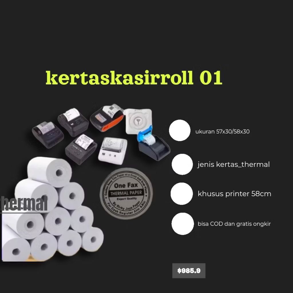 

kertas Thermal 57x30/58x30 paket 1,dus isi 100,pcs
