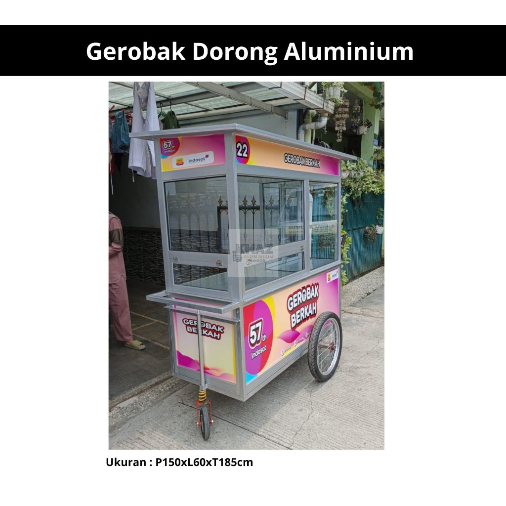 Gerobak Dorong Aluminium Kaca Etalase 150x60x185cm – Etalase Jualan Makanan & Minuman